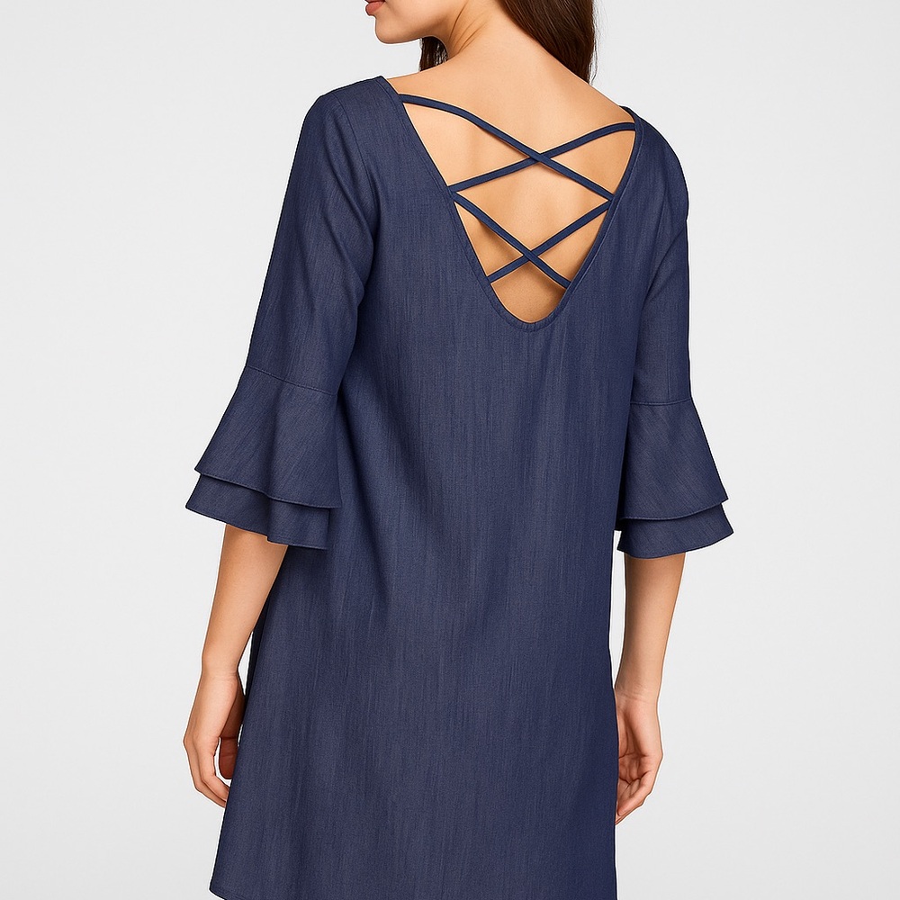 Naif Blue Chambray Bell Sleeve Dress with Crisscross Back - Size L. AA41 - Picture 2 of 8